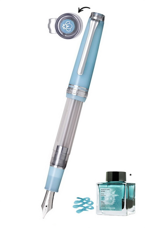 日本 Sailor 寫樂 Pro Gear Slim 系列 - 菖蒲與苔蘚(粉藍)萬葉特別版 14K 黃金筆咀墨水筆組合