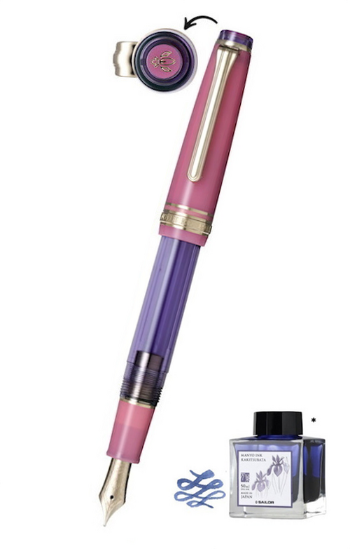 日本 Sailor 寫樂 Pro Gear Slim 系列 - 木通與杜若(粉紅)萬葉特別版 14K 黃金筆咀墨水筆組合
