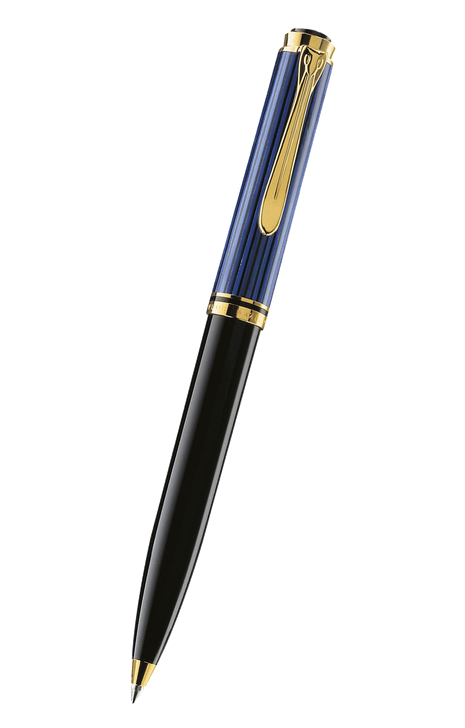 Pelikan Souverän 系列 – 600型珍貴賽璐珞藍色條紋配黑杆鍍24K黃金夾原子筆 (PLK-SUV600-BLU-GT-BP)