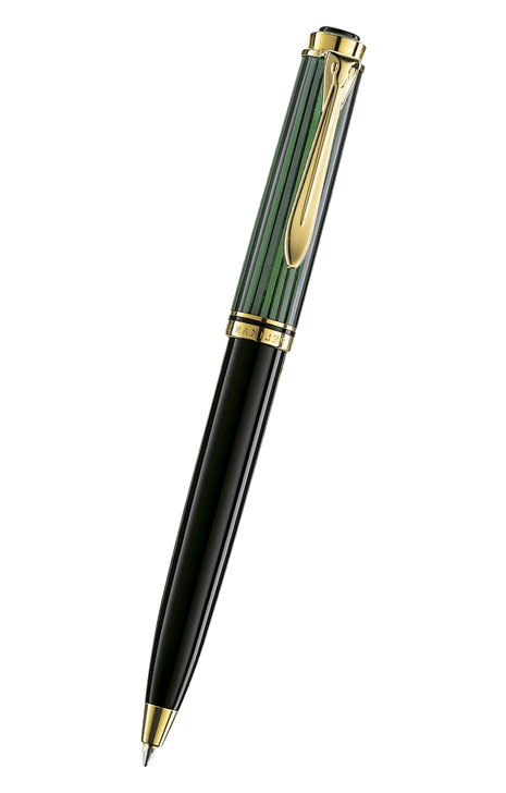 Pelikan Souverän 系列 – 600型珍貴賽璐珞綠色條紋配黑杆鍍24K黃金夾原子筆 (PLK-SUV600-GRN-GT-BP)
