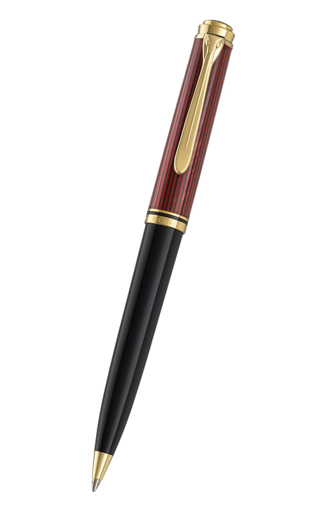 Pelikan Souverän 系列 – 600型珍貴賽璐珞紅色條紋配黑杆鍍24K黃金夾原子筆 (PLK-SUV600-RED-GT-BP)